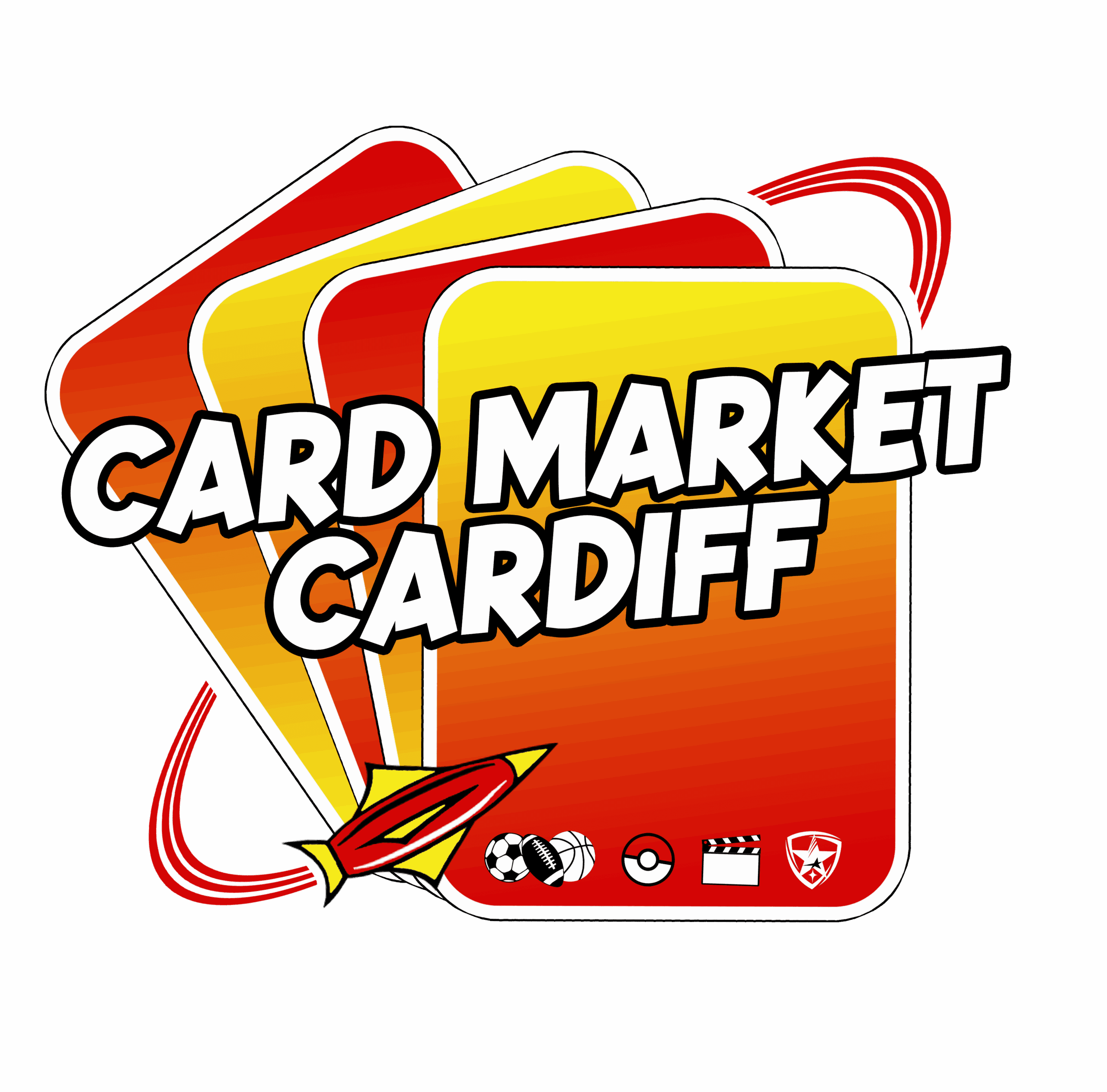 Card market logo with sports and gaming icons.